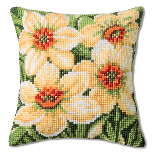 VERVACO Kreuzstich Stickpackungen Kissen Stickerei Set Anfänger Vorgedruckt Narzissen DIY Set Kreativ Set Für Erwachsene Dekoratives Kissen ca. 40 x 40 cm Bastelset Handwerker Haus Dekoration von Vervaco