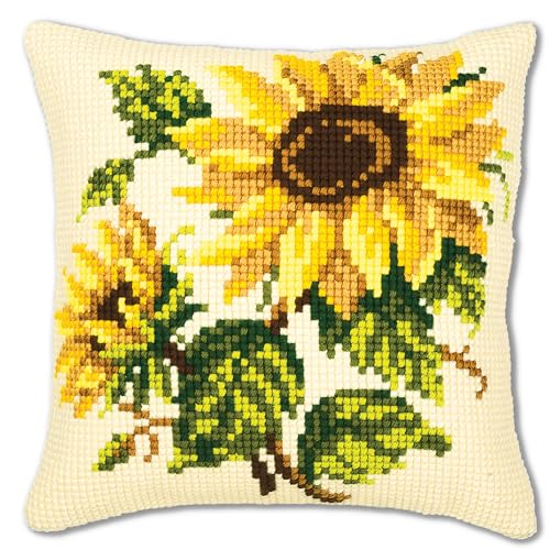 VERVACO Kreuzstich Stickpackungen Kissen Stickerei Set Anfänger Vorgedruckt Sonnenblumen DIY Set Kreativ Set Für Erwachsene Dekoratives Kissen ca. 40 x 40 cm Bastelset Handwerker Haus Dekoration von Vervaco