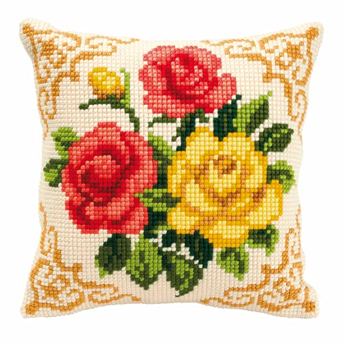 Vervaco Kreuzstich Stickpackungen Kissen Stickerei Set Anfänger Vorgedruckt Blumen DIY Set Kreativ Set Für Erwachsene Dekoratives Kissen ca. 40 x 40 cm Bastelset Handwerker Haus Dekoration von Vervaco