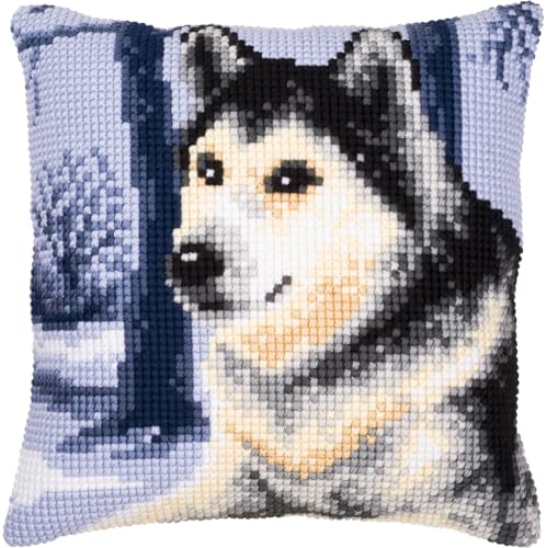VERVACO Kreuzstich Stickpackungen Kissen Stickerei Set Anfänger Vorgedruckt Schlittenhund DIY Set Kreativ Set Für Erwachsene Dekoratives Kissen ca. 40 x 40 cm Bastelset Handwerker Haus Dekoration von Vervaco
