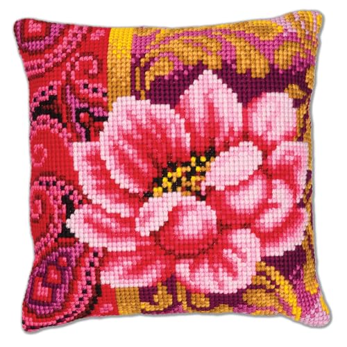 Vervaco Kreuzstich Stickpackungen Kissen Stickerei Set Anfänger Vorgedruckt Rosa Pracht DIY Set Kreativ Set Für Erwachsene Dekoratives Kissen ca. 40 x 40 cm Bastelset Handwerker Haus Dekoration von Vervaco