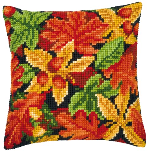 Vervaco Kreuzstich Stickpackungen Kissen Stickerei Set Anfänger Vorgedruckt Herbstlaub DIY Set Kreativ Set Für Erwachsene Dekoratives Kissen ca. 40 x 40 cm Bastelset Handwerker Haus Dekoration von Vervaco
