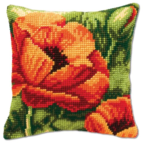 VERVACO Kreuzstich Stickpackungen Kissen Stickerei Set Anfänger Vorgedruckt Orange Blume DIY Set Kreativ Set Für Erwachsene Dekoratives Kissen ca. 40 x 40 cm Bastelset Handwerker Haus Dekoration von Vervaco