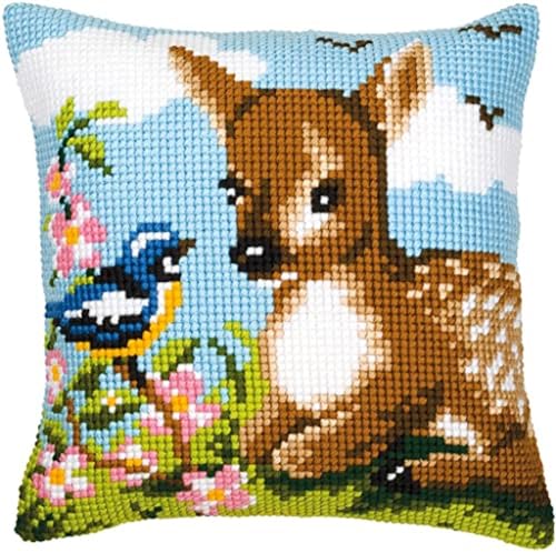 Vervaco Kreuzstich Stickpackungen Kissen Stickerei Set Anfänger Vorgedruckt Hirsch DIY Set Kreativ Set Für Erwachsene Dekoratives Kissen ca. 40 x 40 cm Bastelset Handwerker Haus Dekoration von Vervaco