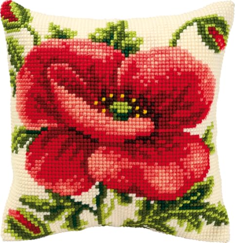 Vervaco Kreuzstich Stickpackungen Kissen Stickerei Set Anfänger Vorgedruckt Mohnblume DIY Set Kreativ Set Für Erwachsene Dekoratives Kissen ca. 40 x 40 cm Bastelset Handwerker Haus Dekoration von Vervaco