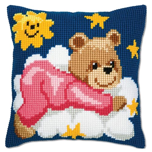 VERVACO Kreuzstich Stickpackungen Kissen Stickerei Set Anfänger Vorgedruckt Rosa Bär auf Wolke DIY Set Kreativ Set Für Erwachseneca. 40 x 40 cm Bastelset Handwerker Haus Dekoration von Vervaco