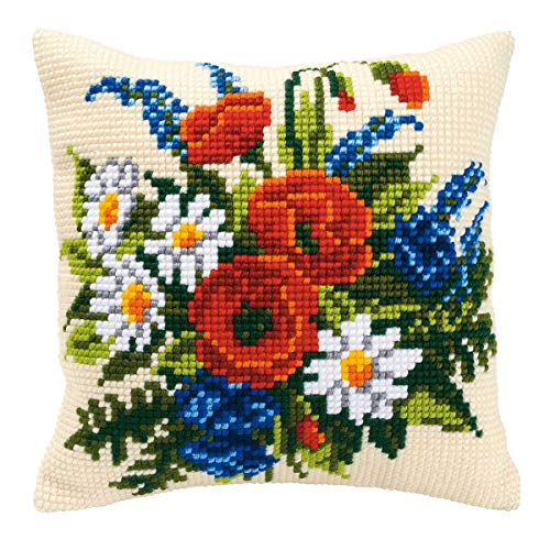 Vervaco Kreuzstich Stickpackungen Kissen Stickerei Set Anfänger Vorgedruckt Feld Blumen Blumenstrauß DIY Set Kreativ Set Für Erwachseneca. 40 x 40 cm Bastelset Handwerker Haus Dekoration von Vervaco
