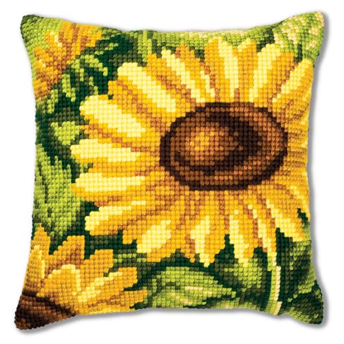 Vervaco Kreuzstich Stickpackungen Kissen Stickerei Set Anfänger Vorgedruckt Sonnenblume DIY Set Kreativ Set Für Erwachsene Dekoratives Kissen ca. 40 x 40 cm Bastelset Handwerker Haus Dekoration von Vervaco