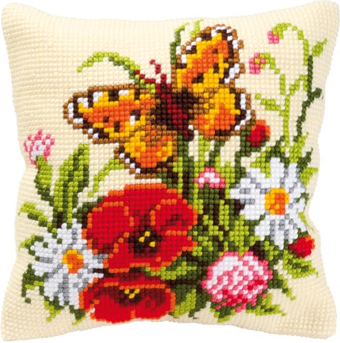 Vervaco Kreuzstich Stickpackungen Kissen Stickerei Set Anfänger Vorgedruckt Blumen mit Schmetterling DIY Set Kreativ Set Für Erwachseneca. 40 x 40 cm Bastelset Handwerker Haus Dekoration von Vervaco