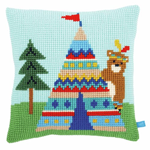 Vervaco Kreuzstichkissen/Stickkissen vorgedruckt, Bear and Tepee, 40 x 40cm von Vervaco