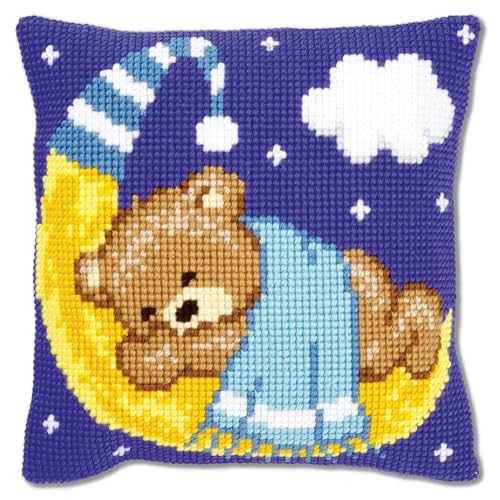 VERVACO Kreuzstich Stickpackungen Kissen Stickerei Set Anfänger Vorgedruckt Teddy auf Mond - blau DIY Set Kreativ Set Für Erwachseneca. 40 x 40 cm Bastelset Handwerker Haus Dekoration von Vervaco
