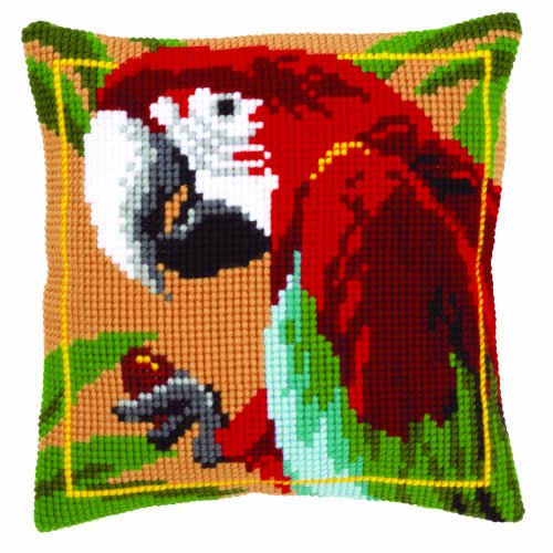 Vervaco Kreuzstichkissen/Stickkissen vorgedruckt, Leinen, Red Macaw, 40 x 40cm von Vervaco