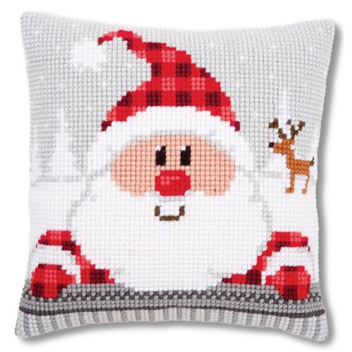 Vervaco Kreuzstich Stickpackungen Kissen Stickerei Set Anfänger Vorgedruckt Nikolaus mit Mütze DIY Set Kreativ Set Für Erwachseneca. 40 x 40 cm Bastelset Handwerker Haus Dekoration von Vervaco