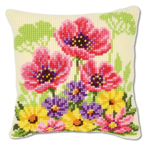 Vervaco Kreuzstich Stickpackungen Kissen Stickerei Set Anfänger Vorgedruckt Blumenbeet m. Mohnblumen DIY Set Kreativ Set Für Erwachseneca. 40 x 40 cm Bastelset Handwerker Haus Dekoration von Vervaco