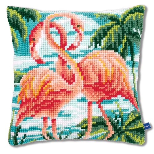 Vervaco Kreuzstichkissen 2 rosa Flamingos Kreuzstichpackung, Stramin, Weiß, 40 x 40 x 0,3 cm von Vervaco