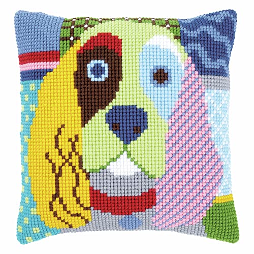 Vervaco Kreuzstich Stickpackungen Kissen Stickerei Set Anfänger Vorgedruckt Cocker Spaniel, patch Stil DIY Set Kreativ Set Für Erwachseneca. 40 x 40 cm Bastelset Handwerker Haus Dekoration von Vervaco