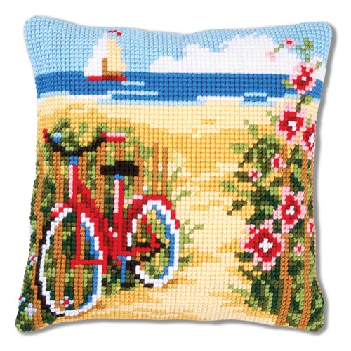 Vervaco Kreuzstichkissen Fahrrad am Strand, Stickbild vorgezeichnet Kreuzstichpackung Kissen, vorbezeichnet, Baumwolle, Mehrfarbig, 40 x 40 x 0,3 cm von Vervaco