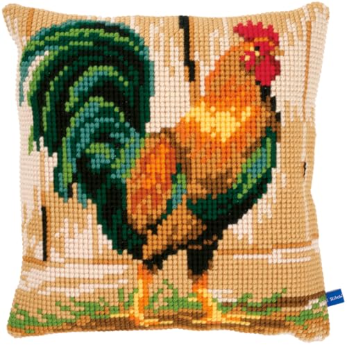 Vervaco Kreuzstich Stickpackungen Kissen Stickerei Set Anfänger Vorgedruckt Hahn DIY Set Kreativ Set Für Erwachsene Dekoratives Kissen ca. 40 x 40 cm Bastelset Handwerker Haus Dekoration von Vervaco