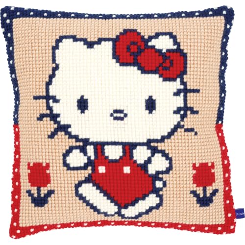 Vervaco Kreuzstich Stickpackungen Kissen Stickerei Set Anfänger Vorgedruckt Hello Kitty Spaziergang DIY Set Kreativ Set Für Erwachseneca. 40 x 40 cm Bastelset Handwerker Haus Dekoration von Vervaco