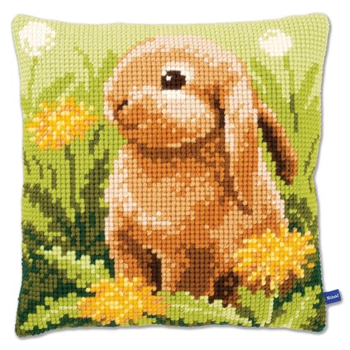 Vervaco Kreuzstichkissen Kaninchen im Grünen Kreuzstickpackung vorgedruckt, Stramin, weiß, 40 x 40 x 0,3 cm von Vervaco