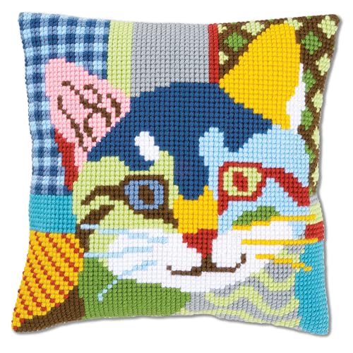 Vervaco Kreuzstichkissen Katze, Patchwork Stil, Stickbild vorgezeichnet Kreuzstichpackung Kissen, vorbezeichnet, Baumwolle, Mehrfarbig, 40 x 40 x 0,3 cm von Vervaco