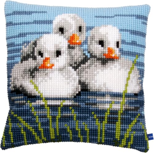 Vervaco Kreuzstich Stickpackungen Kissen Stickerei Set Anfänger Vorgedruckt Küken im Wasser DIY Set Kreativ Set Für Erwachsene Dekoratives Kissen ca. 40 x 40 cm Bastelset Handwerker Haus Dekoration von Vervaco
