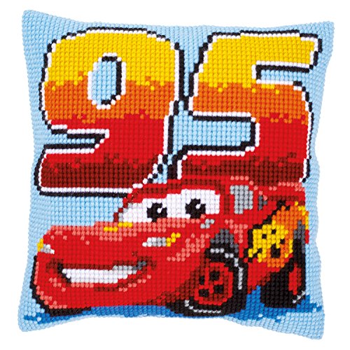 Vervaco Kreuzstichkissen Lightning McQueen Kreuzstickpackung vorgedruckt, Stramin, weiß, 40 x 40 x 0,3 cm von Vervaco