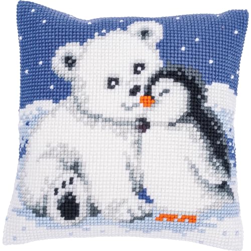 Vervaco Kreuzstich Stickpackungen Kissen Stickerei Set Anfänger Vorgedruckt Eisbär und Pinguin DIY Set Kreativ Set Für Erwachseneca. 40 x 40 cm Bastelset Handwerker Haus Dekoration von Vervaco