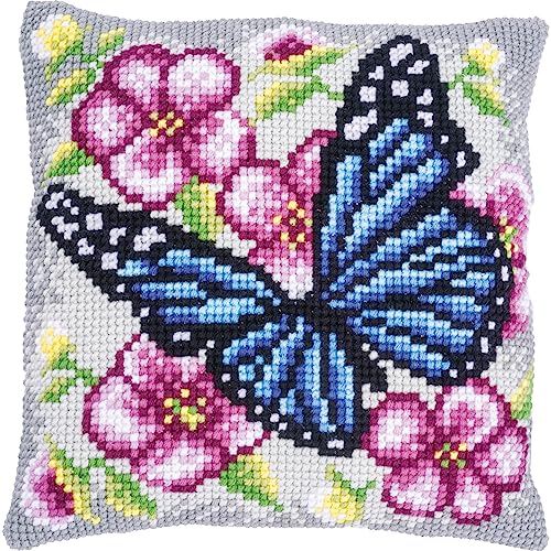Vervaco Kreuzstich Stickpackungen Kissen Stickerei Set Anfänger Vorgedruckt Schmetterling DIY Set Kreativ Set Für Erwachsene Dekoratives Kissen ca. 40 x 40 cm Bastelset Handwerker Haus Dekoration von Vervaco
