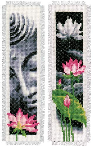 Vervaco Lesezeichen Buddha/Lotus Aida 2er Set Kreuzstickpackung zum Auszählen, weiß, 6 x 20 x 0,3 cm von Vervaco