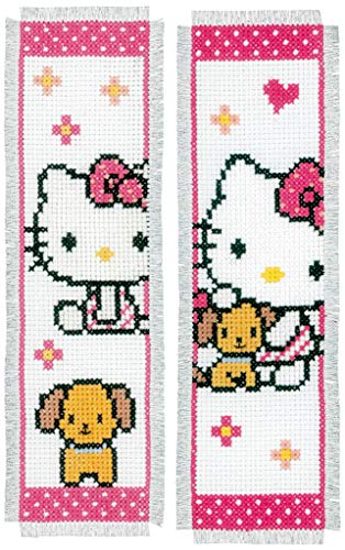 VERVACO Lesezeichen Kreuzstich Stickpackungen Gezählter Kreuzstich Hello Kitty mit Hund 2er DIY Set Erwachsene Sticken Lesen Zubehör Geschenk Zählmusterpackung ca. 6 x 20 cm Stickset für Anfänger von Vervaco