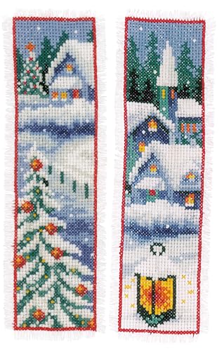 Vervaco Lesezeichen Kreuzstich Stickpackungen Gezählter Kreuzstich Set Winterdörfer 2er DIY Set Erwachsene Sticken Lesen Zubehör Geschenk Zählmusterpackung ca. 6 x 20 cm Stickset für Anfänger von Vervaco