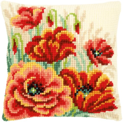 VERVACO Kreuzstich Stickpackungen Kissen Stickerei Set Anfänger Vorgedruckt Mohnblüten II DIY Set Kreativ Set Für Erwachsene Dekoratives Kissen ca. 40 x 40 cm Bastelset Handwerker Haus Dekoration von Vervaco
