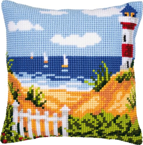 Vervaco Kreuzstich Stickpackungen Kissen Stickerei Set Anfänger Vorgedruckt Leuchtturm DIY Set Kreativ Set Für Erwachsene Dekoratives Kissen ca. 40 x 40 cm Bastelset Handwerker Haus Dekoration von Vervaco