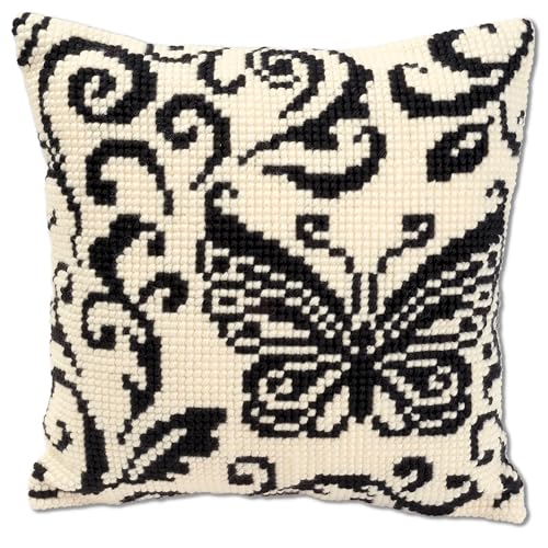 VERVACO Kreuzstich Stickpackungen Kissen Stickerei Set Anfänger Vorgedruckt Schmetterling Schwarz&Weiß DIY Set Kreativ Set Für Erwachseneca. 40 x 40 cm Bastelset Handwerker Haus Dekoration von Vervaco