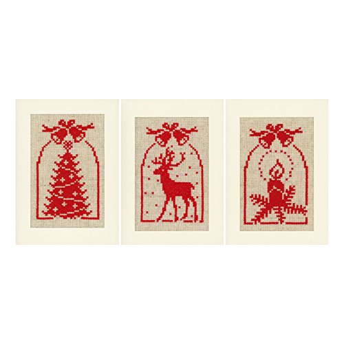 Vervaco REH, Kerze, Christbaum, 3er Set Grußkarten zum Sticken in Kreuzstich, Baumwolle, Mehrfarbig, 10.5 x 15 x 0.3 cm, 3-Einheiten von Vervaco