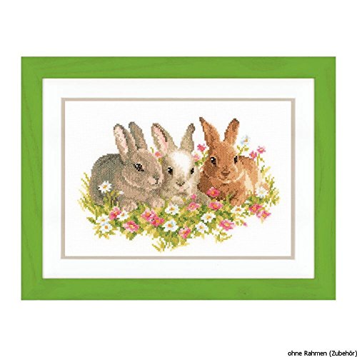 VERVACO Gezählter Kreuzstich Stickpackungen DIY Stickbilder Kaninchen im Blumenbeet Wanddekoration Handarbeit Set für Erwachsene Kreatives Handwerk ca. 27 x 18 cm Kreuzstichbilder Set Hausdeko von Vervaco