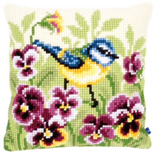VERVACO Kreuzstich Stickpackungen Kissen Stickerei Set Anfänger Vorgedruckt Blaumeise DIY Set Kreativ Set Für Erwachsene Dekoratives Kissen ca. 40 x 40 cm Bastelset Handwerker Haus Dekoration von Vervaco