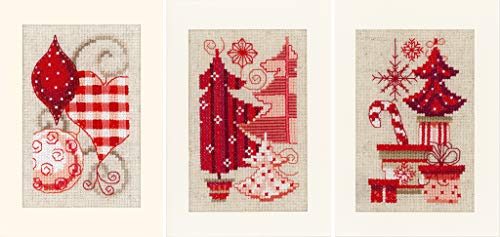 Vervaco Weihnachtlich in Rot, 3er Set Grußkarten zum Sticken in Kreuzstich, Baumwolle, Mehrfarbig, 10.5 x 15 x 0.3 cm, 3-Einheiten von Vervaco