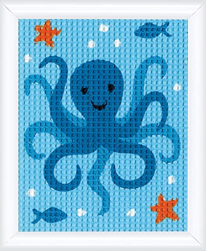 VERVACO Gobelin Stickbilder zum Selbersticken Kinder TINTENFISCH Kreuzstich Stickpackungen Stickset für Anfänger ca. 12,5 x 16 cm Bastelset Handwerker DIY Sticken Set Kreatives Geschenk von Vervaco