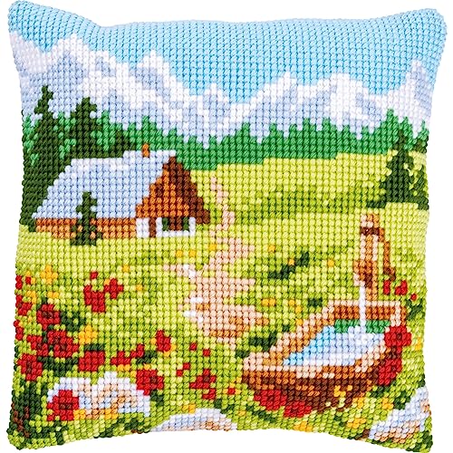 Vervaco Kreuzstich Stickpackungen Kissen Stickerei Set Anfänger Vorgedruckt Bergwiese mit Blumen&Haus DIY Set Kreativ Set Für Erwachseneca. 40 x 40 cm Bastelset Handwerker Haus Dekoration von Vervaco