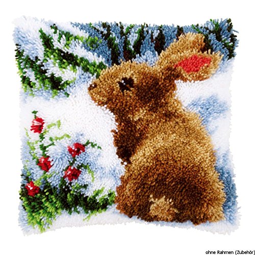 Vervaco Kaninchen im Schnee Knüpfkissen mit Knüpfhaken, Baumwolle, Mehrfarbig, 40 x 40 x 1 cm von Vervaco
