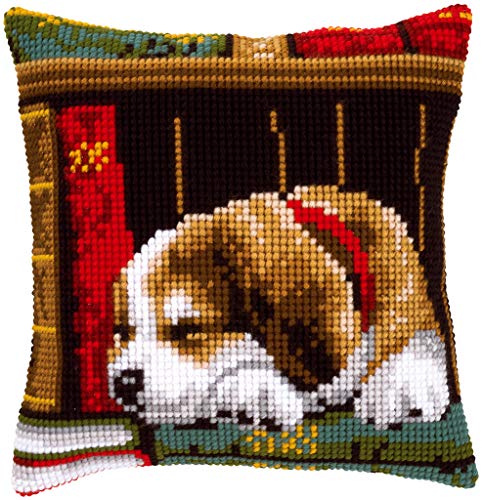 Vervaco Schlafender Hund Kreuzstichkissen/Stickkissen vorgedruckt, Baumwolle, Mehrfarbig, 40 x 40 x 0.3 cm von Vervaco