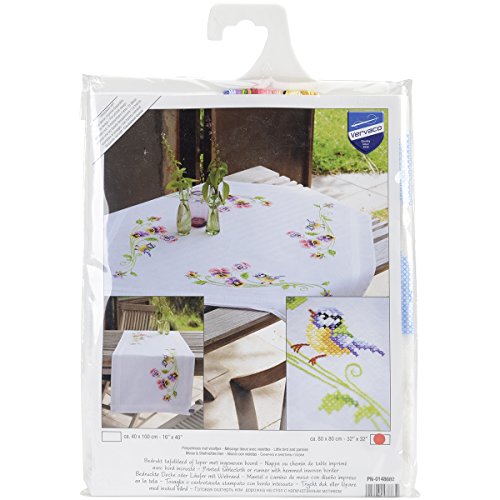 Vervaco Kreuzstich Stickpackungen Tischdecke Meise & Stiefmütterchen Stickdecken Vorgezeichnet Basteln Erwachsene Kreativ Set Vorgedruckte Decke Sticken 80 x 80 cm Stickset DIY Sticken von Vervaco