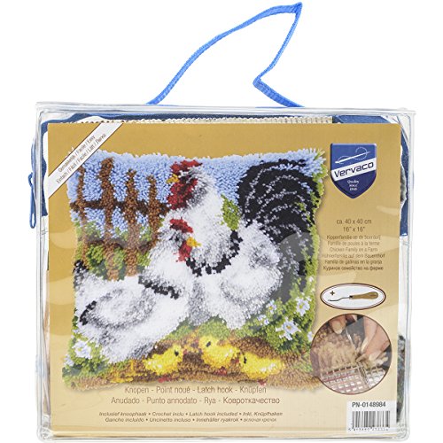 Vervaco Knüpfkissen Set Deko Kissenbezug Knüpfset für Anfänger HÜHNERFAMILIE Basteln Erwachsene Kreativ DIY Handarbeit Kissen zum Selber Knüpfe 40 x 40 cm Latch Hook Kit Knüpfhaken Set Kissen von Vervaco