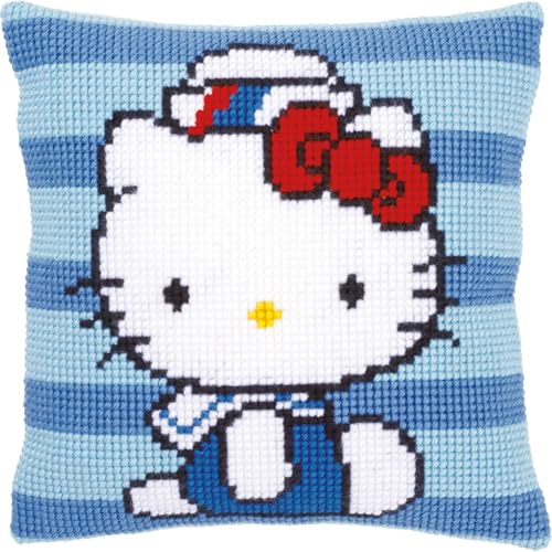 VERVACO Kreuzstich Stickpackungen Kissen Stickerei Set Anfänger Vorgedruckt Hello Kitty bei der Marine DIY Set Kreativ Set Für Erwachseneca. 40 x 40 cm Bastelset Handwerker Haus Dekoration von Vervaco