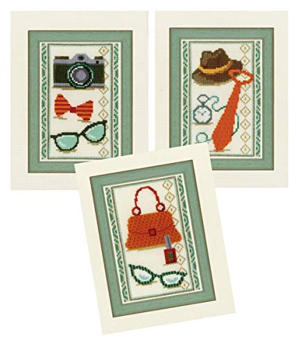 Vervaco Miniaturen Vintage Accessoires, 3er Set Zählmusterpackung-Stickpackung im gezählten Kreuzstich, Baumwolle, Mehrfarbig, 8 x 12 x 0.3 cm, 3-Einheiten von Vervaco