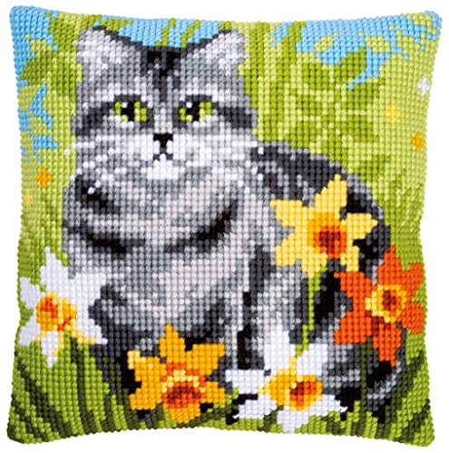 Vervaco Kreuzstich Stickpackungen Kissen Stickerei Set Anfänger Vorgedruckt Katze zwischen Blumen DIY Set Kreativ Set Für Erwachseneca. 40 x 40 cm Bastelset Handwerker Haus Dekoration von Vervaco