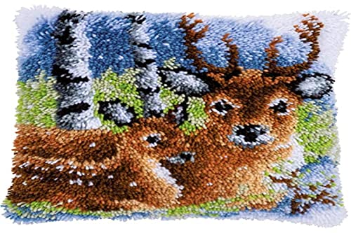 Vervaco Knüpfkissen Set Deko Kissenbezug Knüpfset für Anfänger HIRSCH IM SCHNEE Basteln Erwachsene Kreativ DIY Handarbeit Kissen zum Selber Knüpfe 40 x 40 cm Latch Hook Kit Knüpfhaken Set Kissen von Vervaco