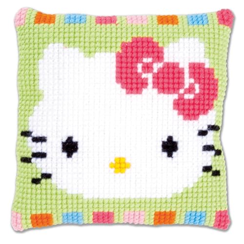 VERVACO Kreuzstich Stickpackungen Kissen Stickerei Set Anfänger Vorgedruckt Hello Kitty Pastelltönen DIY Set Kreativ Set Für Erwachseneca. 25 x 25 cm Bastelset Handwerker Haus Dekoration von Vervaco
